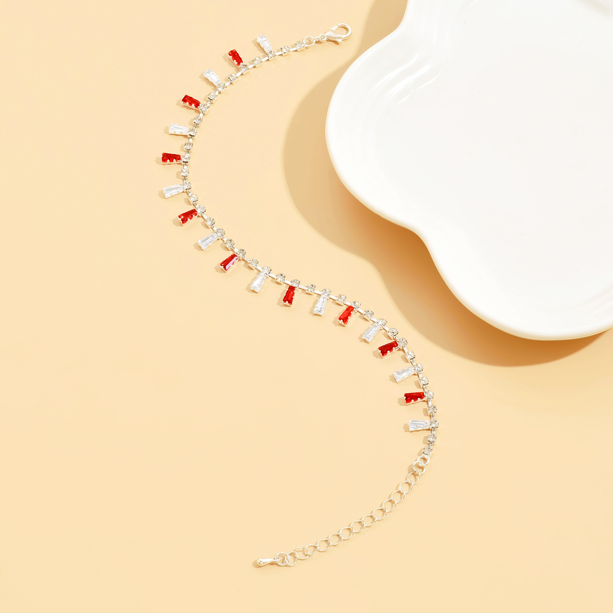 Womens Crystal Ankle Bracelet with Red and Clear Rhinestones
